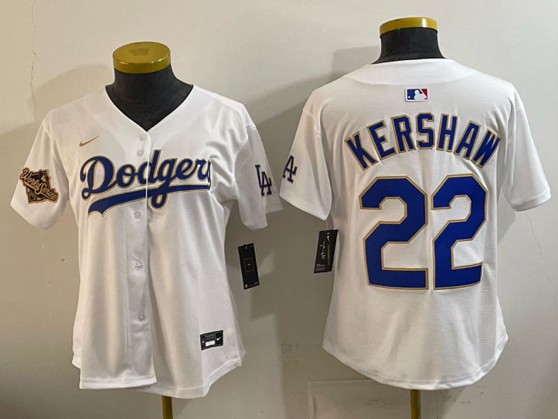 Women 2026 Los Angeles Dodgers #22 Kershaw White Gold Game Nike MLB Jersey style 05